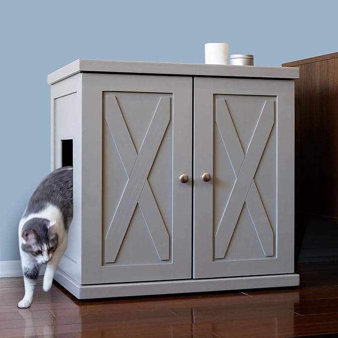 THE REFINED FELINE Cat Litter Box Enclosure Cabinet, Farmhouse, Smoke Gray, Adjustable Levelers, Large, Hidden Litter Cat Furniture with Drawer