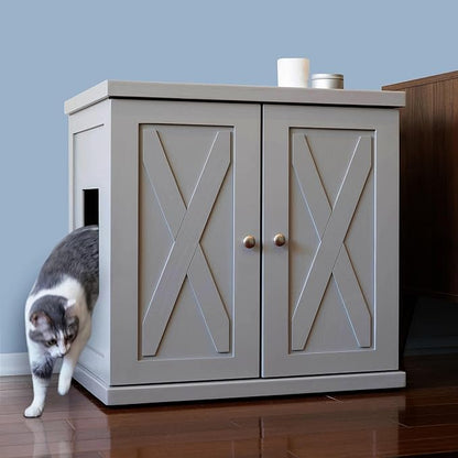 THE REFINED FELINE Cat Litter Box Enclosure Cabinet, Farmhouse, Smoke Gray, Adjustable Levelers, Large, Hidden Litter Cat Furniture with Drawer