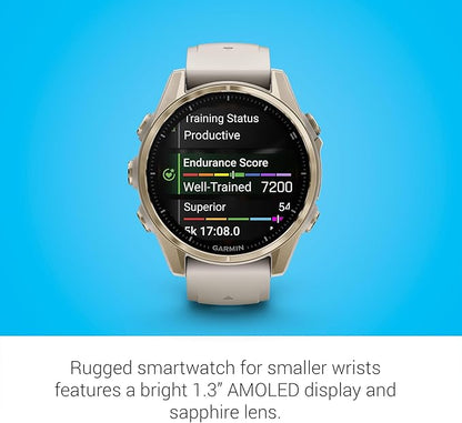 Garmin Fenix 8 Premium Multisport GPS Running Smartwatch, 43 mm | AMOLED, Dive-Rated, Built-in Flashlight | Soft Gold with Dark Sandstone Band with Signature Series Charging Stand