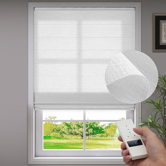 ZSTARR Smart Roman Shades Rechargeable Motorized Blinds with Remote Light Filtering Roman Window Shades Plain Fold Soft for Doors Bedroom, Custom Size (Sheer White)