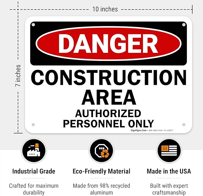 Danger Construction Area Sign, Authorized Personnel Only Sign, 10x7 Inches, 55 mil Thick HDPE (high Density polyethylene), Made in USA
