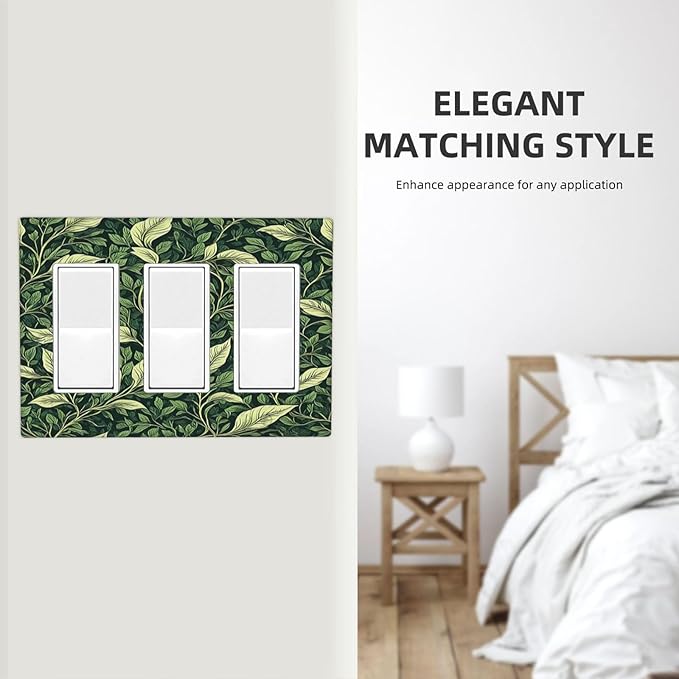 Vintage Green Plant Leaves Triple Rocker Light Switch Covers 3 Gang Outlet Cover Wall Plates Decorative Switch Plates Electrical GFCI Faceplate Switchplate for Home Decor 4.49 X 6.38 IN