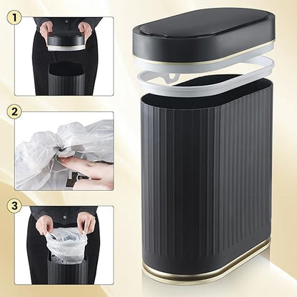 ELPHECO Bathroom Trash Can with Lid 2 Gallon Motion Sensor Garbage Can 7.5 Liter Small Trash can Touchless Bathroom Decor Waterproof Smart Waste Bin with Stripes for Bedroom, Office (Black-Golden)