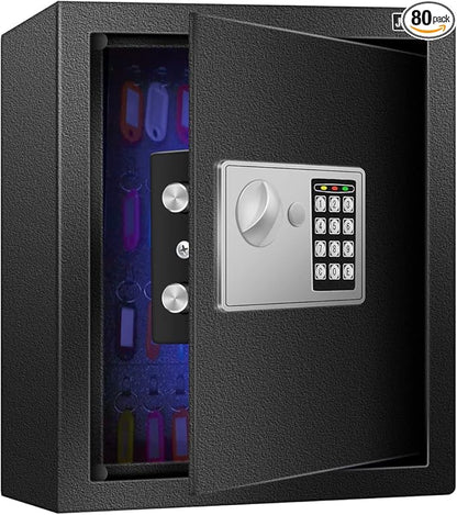 JUGREAT 80 Keys Cabinet with Sensor Light,Electronic Key Safe,Pin Code Keyless Storage Box for Keys,Secure Wall Mount Safe with 80 Key Tags
