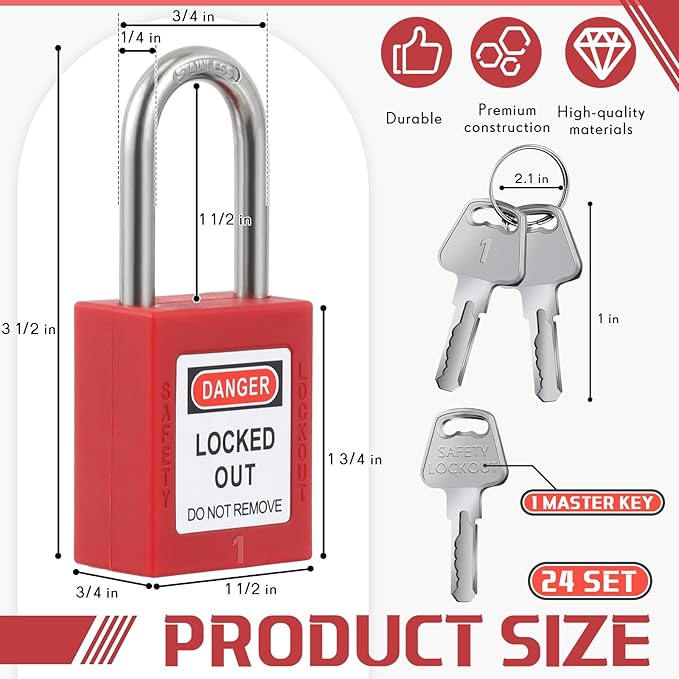 Landhoow 24 Set Lockout Tagout Locks and Keys Kit Loto Locks Different Safety Lock 2 Keys Per Lock Tag Out Padlocks for Electrical Lockout Tag Out Stations and Devices Kits (Red)