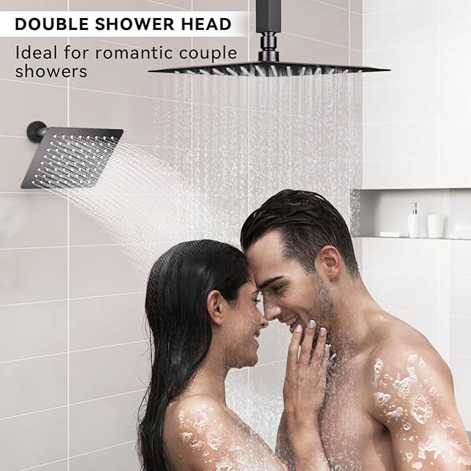 Shower Faucets Sets Shower System Matte Black, STARBATH 12" Ceiling Mount Rain Showerhead and 8" Wall Mounted Rainfall Shower for Couples, On Off Button Valve Dual Head Shower Systems Complete