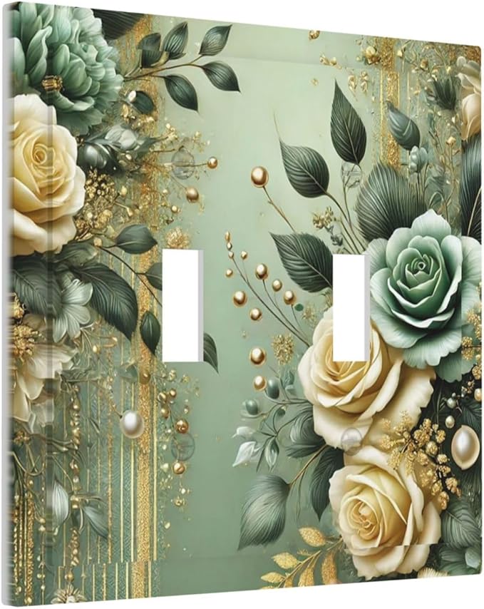 Decorative Light Switch Cover Plate Rustic Green Floral Leaves Teal Flowers Gold Stripe 2 Gang Wall Plate Oversized Double Toggle Two Switch Wall Cover Plate Device Faceplate