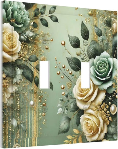 Decorative Light Switch Cover Plate Rustic Green Floral Leaves Teal Flowers Gold Stripe 2 Gang Wall Plate Oversized Double Toggle Two Switch Wall Cover Plate Device Faceplate