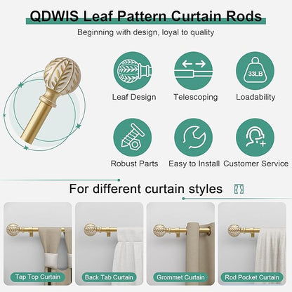 2 Pack Gold Curtain Rods for Windows 48 to 84 inch,1" Adjustable Heavy Duty Window Curtain Rod with Leaf Finials,Rustic Decorative Drapery Rods Set,Size:36-88''