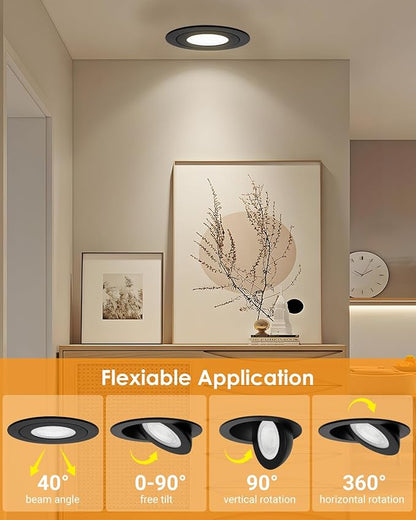Gimbal LED Recessed Light - 4 Inch Black 9W 360° Rotation Directional Adjustable Eyeball Sloped Ceiling Recessed Lighting 4 inch Light Wafer Soffit Indoor Spotlight Canless Black 4 inch 6 Pack
