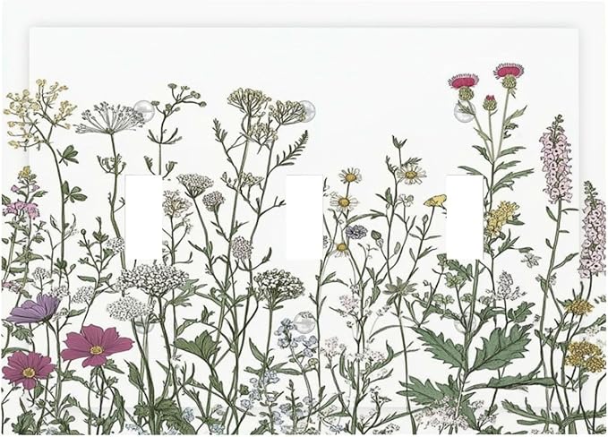 Vintage Herbs Wildflowers Plant Floral Decorative Switch Plates 3 Gang Wall Plate Triple Toggle Light Switch Cover Faceplate Electrical Wall Panels For Bed Room Home Decor