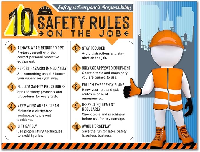 10 Safety Rules on the Job Poster – 18x24 Durable Laminated Safety Sign, Tear-Resistant, Waterproof Workplace Safety Poster for Industrial and Construction Settings (Pack of 2)