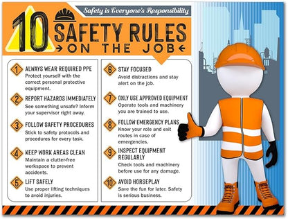 10 Safety Rules on the Job Poster – 18x24 Durable Laminated Safety Sign, Tear-Resistant, Waterproof Workplace Safety Poster for Industrial and Construction Settings (Pack of 2)