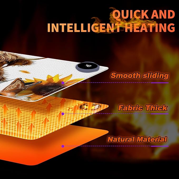 Heated Mouse Pad, Warm Desk Pad, Keyboard Mat 23.6 x 14 Inch Large Size Intelligent Fast Heating, 3 Speed Adjustable, Timed Auto Power Off for Game Office Home, Sunflower Highland Cattle