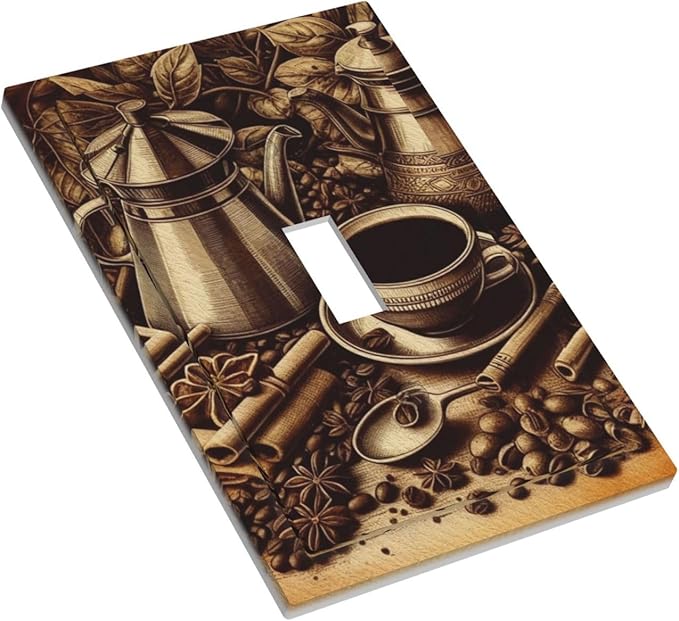 Decorative Light Switch Cover Plate Vintage Coffee Beans Leaf Cup 1 Gang Wall Plate Oversized Single Toggle Wall Cover Plate Jumbo Electrical Switchplate Faceplate