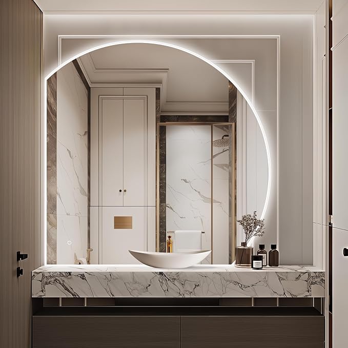 Niccy Half Moon LED Mirror for Bathroom, 28" Backlit + Front Lit Lighted Semi Round Makeup Mirrors for Wall, Anti-Fog, Dimmable 3-Colors, Memory Function, Shatterproof Smart Vanity Mirror