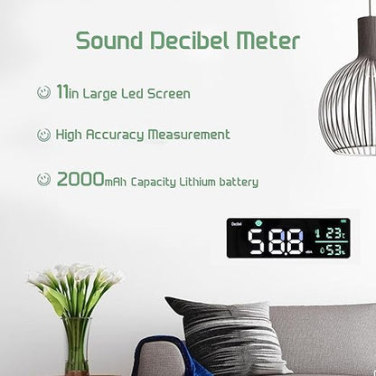 Decibel Meter, Wall Hanging Sound Level Meter, Noise Decibel Meter, 3 in 1 Noise Temperature Humidity Meter, 30 to 130dB Range, with 11in Large LED Display Screen, for Classroom