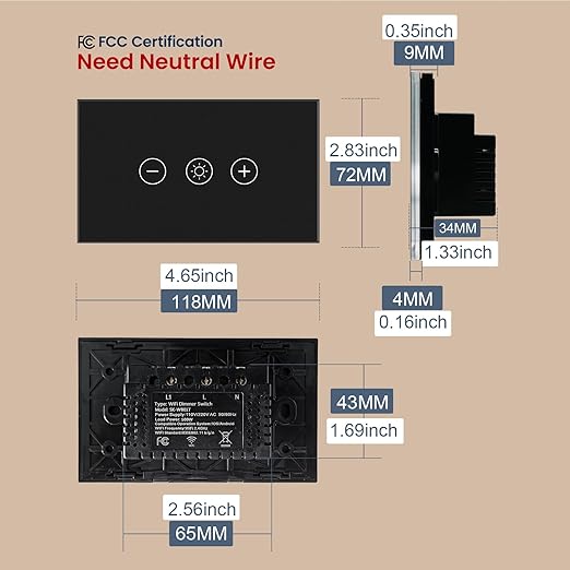 Smart Dimmer Switch Neutral Wire Required, 2.4GHz WiFi Dimmer Light Switch with Remote Voice Control, Tempered Glass Panel, Compatible with Alexa and Google Home, Black WiFi Dimmer