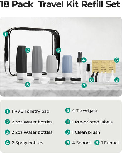 BAGSMART 18 Pack TSA Approved Travel Bottles for Toiletries, Leak Proof Silicone Travel Size Containers Bottles for Shampoo, Grey