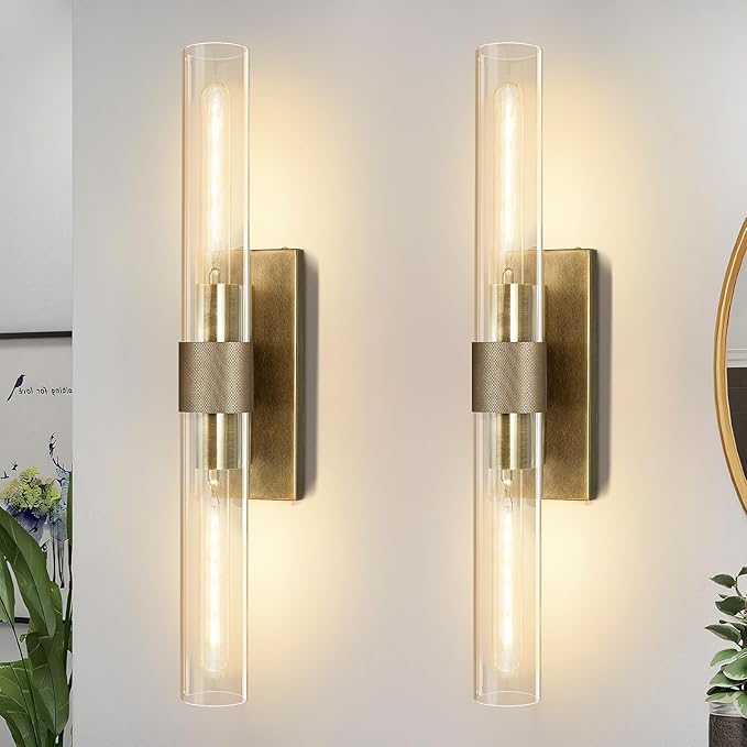 Wall Sconces Set of Two, Gold Bathroom Sconces Wall Lighting with Clear Glass, Modern Sconces Wall Decor Light Fixtures for Bathroom Mirror Living Room Hallway Bedroom