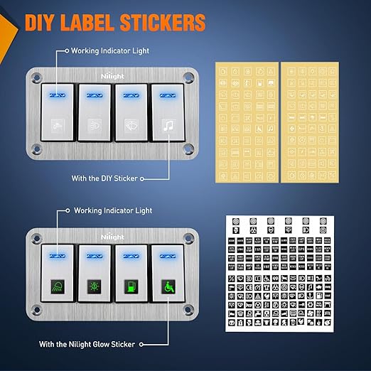 Nilight 4 Gang Rocker Switch Panel 3 Pin On Off Pre-Wired Toggle Switches Blue LED Waterproof Aluminum with DIY Stickers for 12V 24V Automotive Cars Marine Boats UTV Truck Jeeps