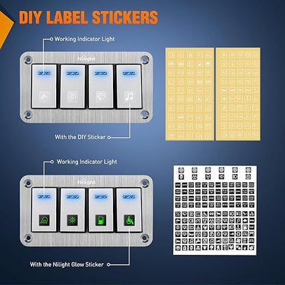 Nilight 4 Gang Rocker Switch Panel 3 Pin On Off Pre-Wired Toggle Switches Blue LED Waterproof Aluminum with DIY Stickers for 12V 24V Automotive Cars Marine Boats UTV Truck Jeeps