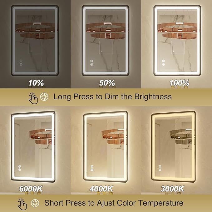 20"x 28" LED Bathroom Mirror with Black Framed, Front and Backlit, Lighted Bathroom Mirror for Wall with Stepless Dimmable, Anti-Fog, Memory, 3 Colors, Round Corner LED Vanity Mirror with Lights