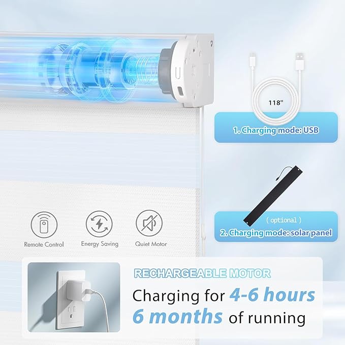 LazBlinds Motorized Zebra Roller Shades, Rechargeable Smart Blinds with Remote Control, Custom Size Light Filtering Dual Layer Roller Sheer Shades, White