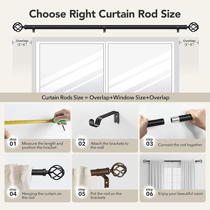 Curtain Rods for Windows 66 to 120, 1 Inch Adjustable Decorative Long Black Curtain Rod with Twisted Cage End, Modern Heavy Duty Outdoor Drapery Rods for Patio, Telescoping Splicing, Size 32"-120"