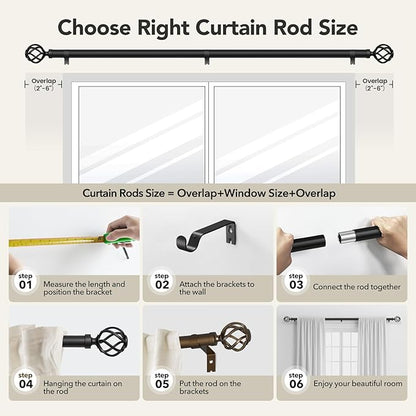 Curtain Rods for Windows 66 to 120, 1 Inch Adjustable Decorative Long Black Curtain Rod with Twisted Cage End, Modern Heavy Duty Outdoor Drapery Rods for Patio, Telescoping Splicing, Size 32"-120"