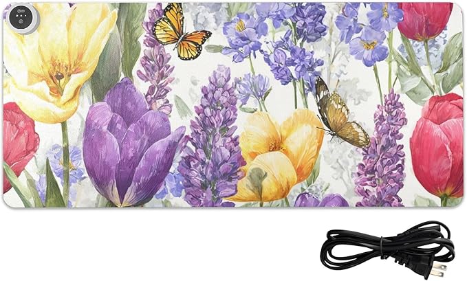 Heated Desk Pad Mouse Pad 31.5x13 Inch PU Leather Desk Mat with 3 Heat Levels Large Mouse Gaming Computer Laptop Mat Tulips Lavenders Purple Butterfly