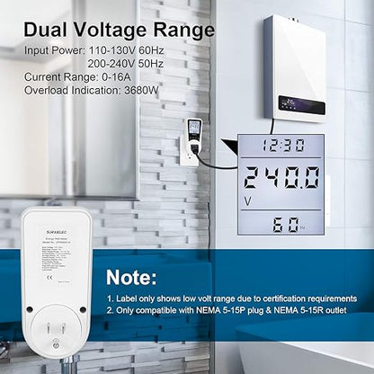 SURAIELEC Watt Meter, Plug-in Socket Power Meter, Auto Cost Calculator, Backlit Large Display, Overload Protection, Kilowatt Wattage Voltage AMP Tester, Electricity Usage Electrical Energy Monitor