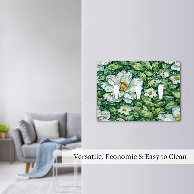 Vintage Floral White Flowers Green Plants Leaves Decorative Switch Plates 3 Gang Wall Plate Triple Toggle Light Switch Cover Electrical Wall Panels Faceplate for Bedroom Bathroom Decor