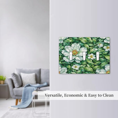 Vintage Floral White Flowers Green Plants Leaves Decorative Switch Plates 3 Gang Wall Plate Triple Toggle Light Switch Cover Electrical Wall Panels Faceplate for Bedroom Bathroom Decor