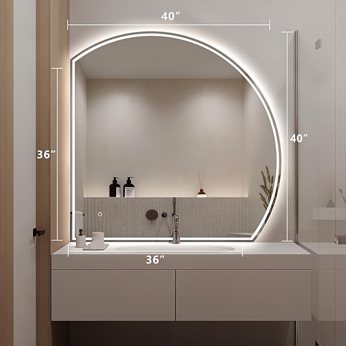 Niccy Half Moon Led Mirror for Bathroom, 40" Semi Round Backlit Mirror for Wall Lighted Mirror with Frameless 3 Color, Defogger, Explosion-Proof, HD Glass and IP65 Vanity Mirror