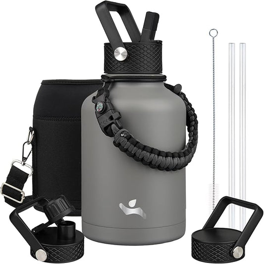 Insulated Water Bottle with Straw,50 oz 3 Lids Water Jug with Carrying Bag,Paracord Handle,Double Wall Vacuum Stainless Steel Metal Flask,Gray