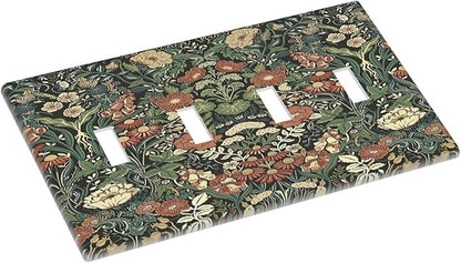 Light Switch Covers Vintage Dark Floral William Morris Green Flower Quad Toggle Electrical Faceplate 4 Gang Wall Plate Decorative Switch Plates for living Room Home Decor
