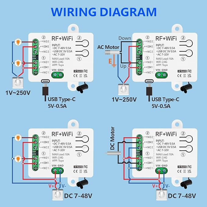 DieseRC Tuya 2 Channels WiFi Smart Switch, DC 5V 12V 24V 36V Passive Output Relay Module, with 2 pcs RF Remote Control, Compatible with Alexa/Google Home