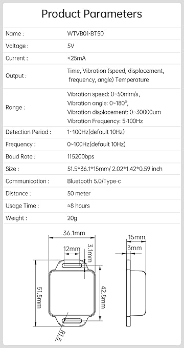 [BLE Vibration Sensor] WTVB01-BT50 Smart Vibration Module Ar-duino, 3-axis Vibration(Amplitude+Frequency+Displacement+Speed) Detector, Wireless Acceleration Shock Motor Monitor