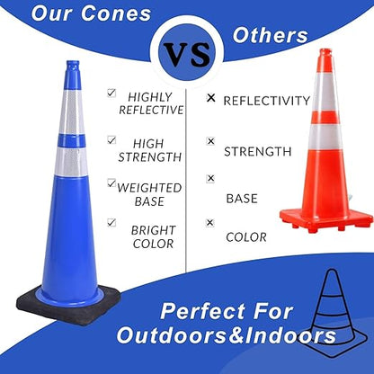BESEA 4Pack 36” inch Traffic Cones Blue Road Parking Cones Construction Safety Cone Structurally Stable for Traffic Control(Blue Color)