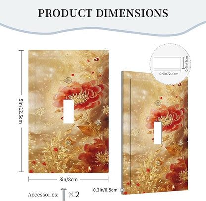 Decorative Light Switch Cover Plate Golden Leaf Red Peony Flowers Floral 1 Gang Wall Plate Oversized Single Toggle Wall Cover Plate Jumbo Electrical Switchplate Faceplate