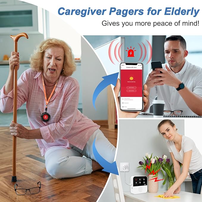 WiFi Caregiver Call Button for Elderly Senior Alert Button to Call Cell Phones Caregiver Pager System with Led Number Display 4 SOS Panic Button 1 Receiver (Only Supports 2.4Ghz & No Monthly Fee)