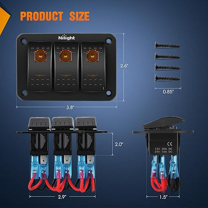 Nilight 3 Gang Rocker Switch Panel with Orange LED Light 5 Pin On Off Pre-Wired Aluminum Toggle Switches Waterproof for 12V/24V Cars Marine Boats ATVs Trailers RV Trucks