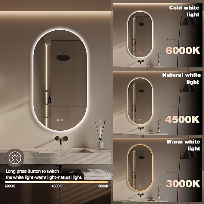51" x 27" Oval LED Mirror for Bathroom, Backlit Vanity Mirror with Lights, Frameless Smart Wall Mirror, 3 Colors Stepless Dimmable, Anti-Fog, Shatterproof, Memory, CRI95+(Horizontal/Vertical)