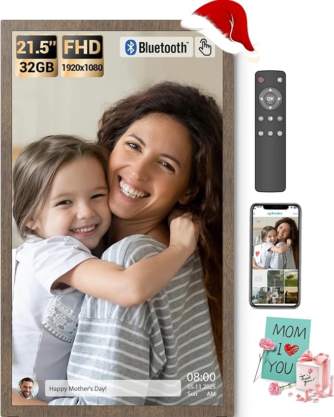BSIMB Large Digital Picture Frame 21.5 Inch, 64GB Touchscreen 1920x1080 FHD WiFi Digital Photo Frame Electronic Remote Control, Share Pictures/Videos via App/USB/SD Easy Setup Gifts for Mom, Dark Wood