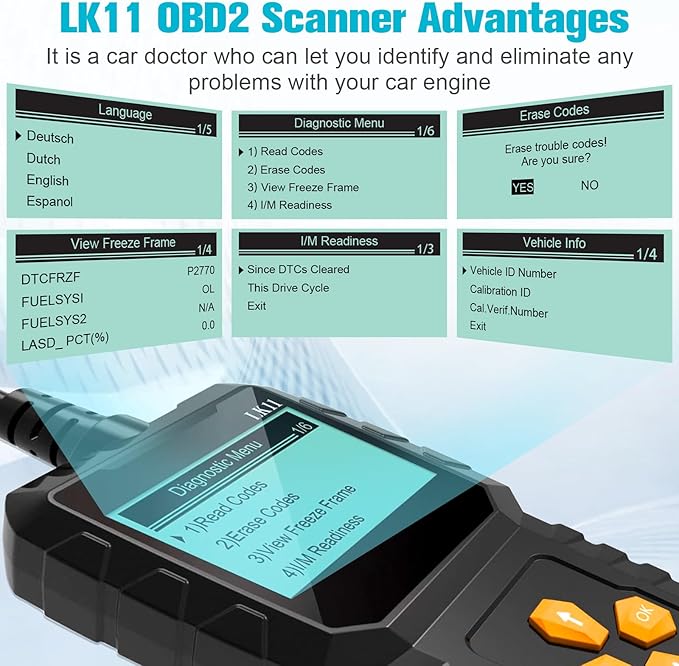 OBD2 Scanner Ease Setup Plug-Play: Clear Reset Engine Error Code Professional Code Reader Diagnostic Scan Tools with Freeze Frame/I/M Readiness for Cars Since 1996 & Newer - LK11