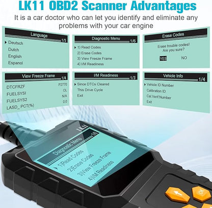 OBD2 Scanner Ease Setup Plug-Play: Clear Reset Engine Error Code Professional Code Reader Diagnostic Scan Tools with Freeze Frame/I/M Readiness for Cars Since 1996 & Newer - LK11