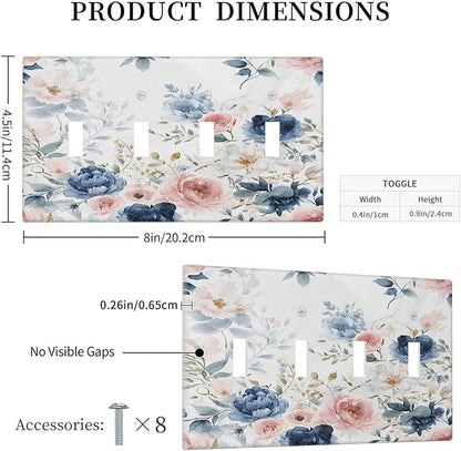 Light Switch Cover Plate Elegant Watercolor Pink Blue Flowers Floral Quad Toggle Wall Plates Decorative Switch Plates 4 Gang Outlet Covers Electrical Panel Cover Faceplate for Home Decor 4.5 X 8 IN