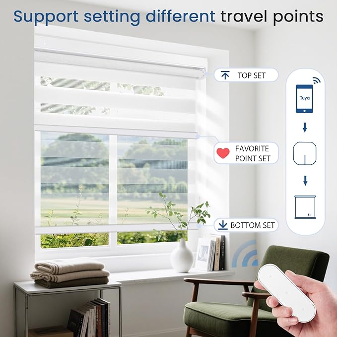 Grandekor Motorized Zebra Blinds with Remote Control,No Drill No Tools Cordless Dual Layer Zebra Blinds for Windows,Electric Zebra Shades Custom Size