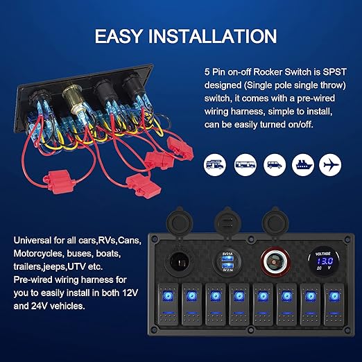 Marine Boat Rocker Switch Panel,Waterproof 8 Gang Toggle Switch Panel with Dual USB and Voltmeter Panel for RVs, Cars, Boats, Trucks,Trailers - 12-24V